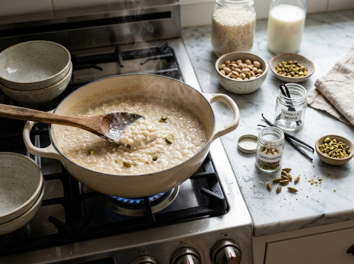 Creamy arborio rice pudding simmering in a saucepan with cardamom pods and vanilla bean visible