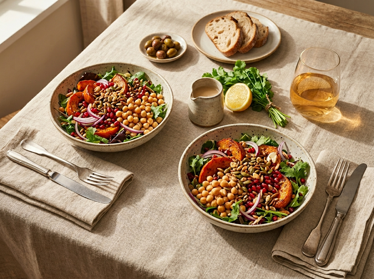 Two bowls of spiced pumpkin chickpea salad on a linen table with tahini dressing jug and glass of white wine