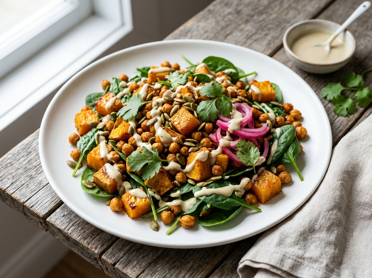 Spiced pumpkin chickpea salad with tahini dressing, pumpkin seeds, and pickled red onion on a ceramic plate