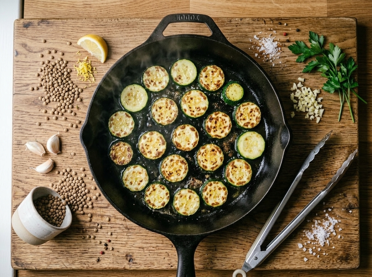 Zucchini rounds searing in a cast iron skillet with golden char marks forming, olive oil shimmering
