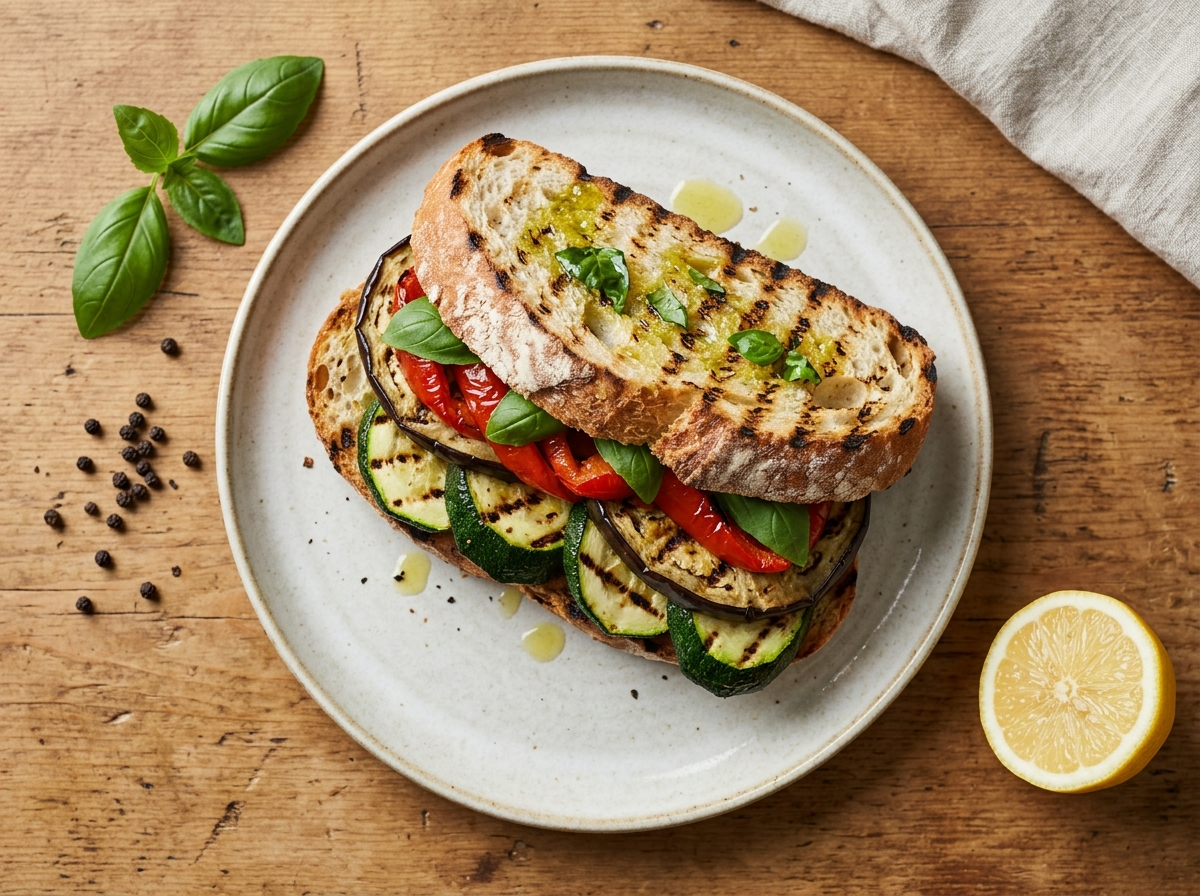Grilled vegetable panino sliced open on a wooden board showing layers of zucchini, eggplant, bell pepper, and basil