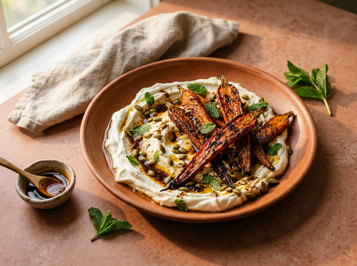 Smoky roasted carrot halves with charred edges over whipped yogurt, drizzled with cumin-paprika oil on a ceramic plate
