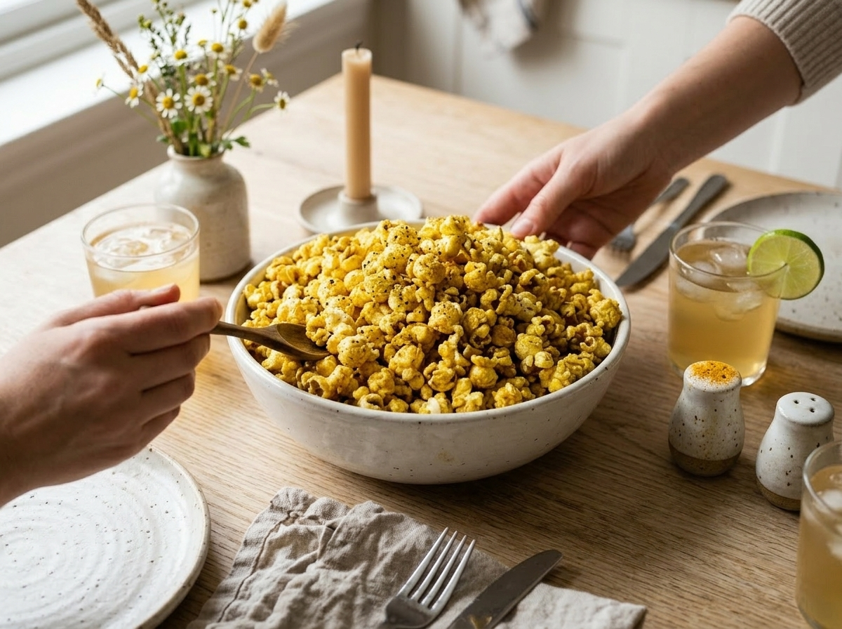 Two people sharing a bowl of turmeric spiced popcorn at a wooden table with iced ginger tea alongside