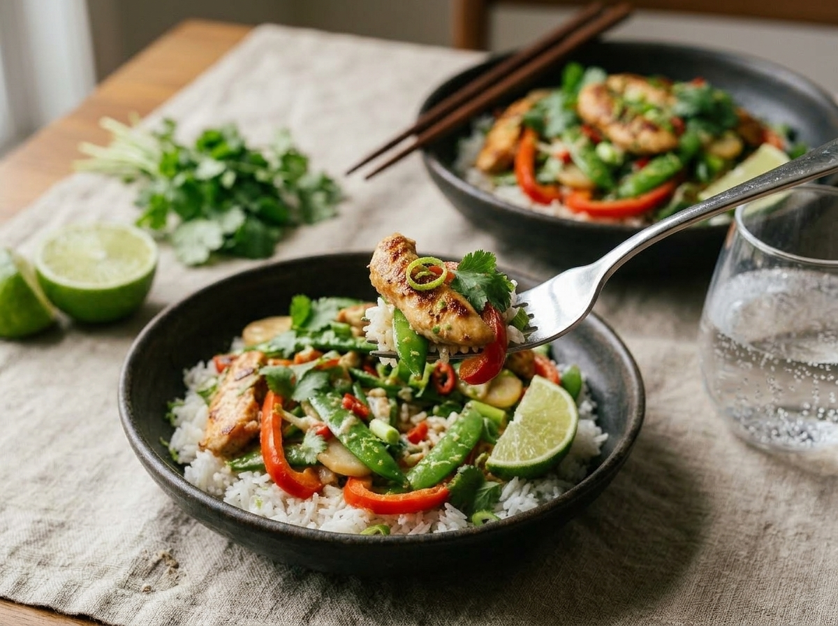 Two bowls of coconut lime chicken stir fry on a linen tablecloth with chopsticks, fresh cilantro, and halved lime