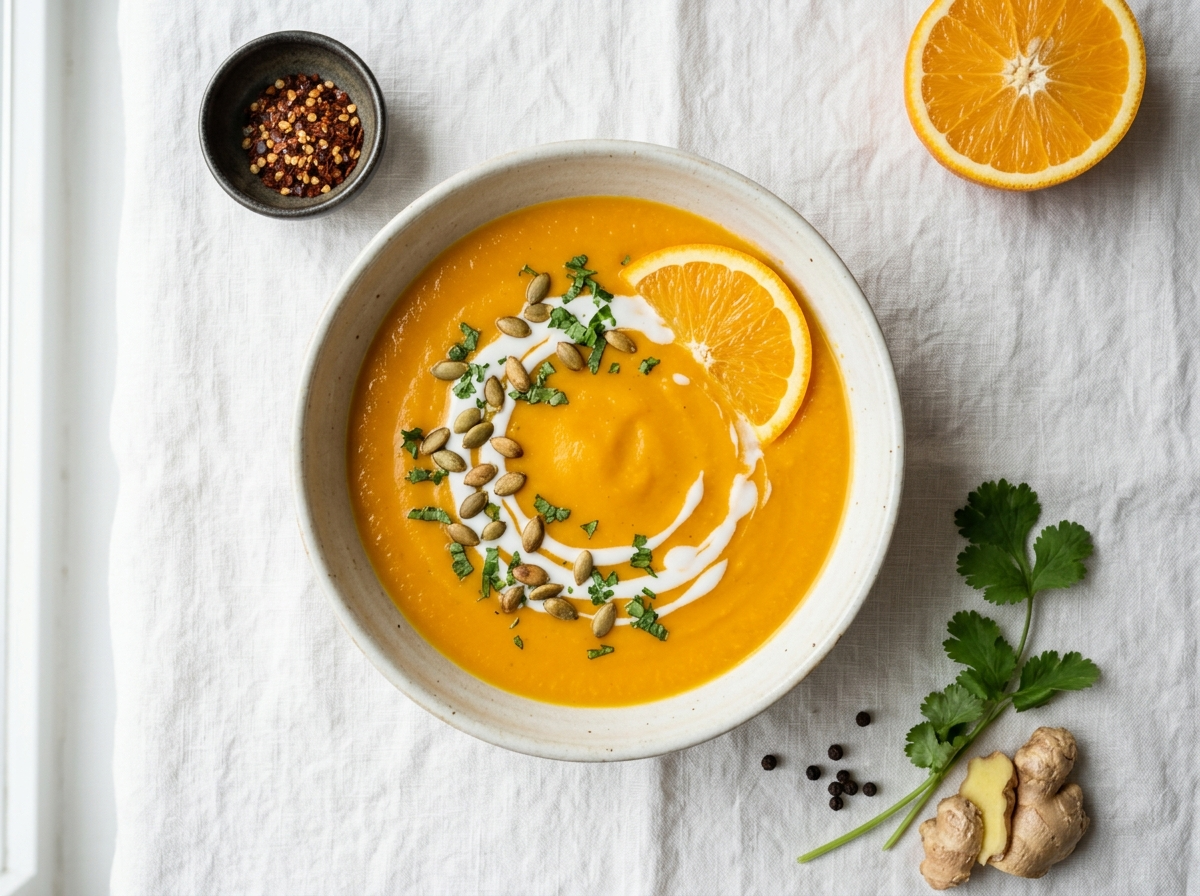 Smooth carrot orange ginger soup in a white bowl with coconut cream swirl and toasted pumpkin seeds on top