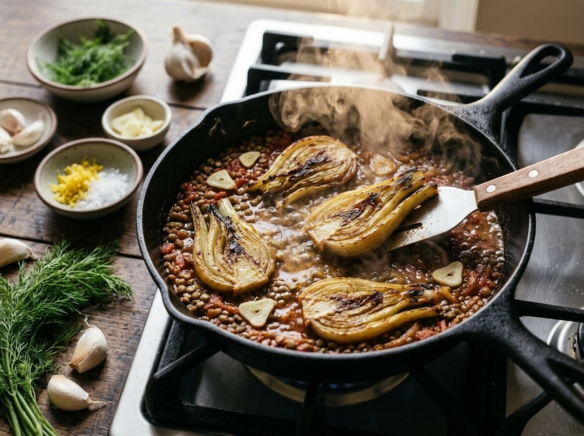 Fennel wedges caramelizing in a cast iron skillet with garlic and white wine on the stovetop