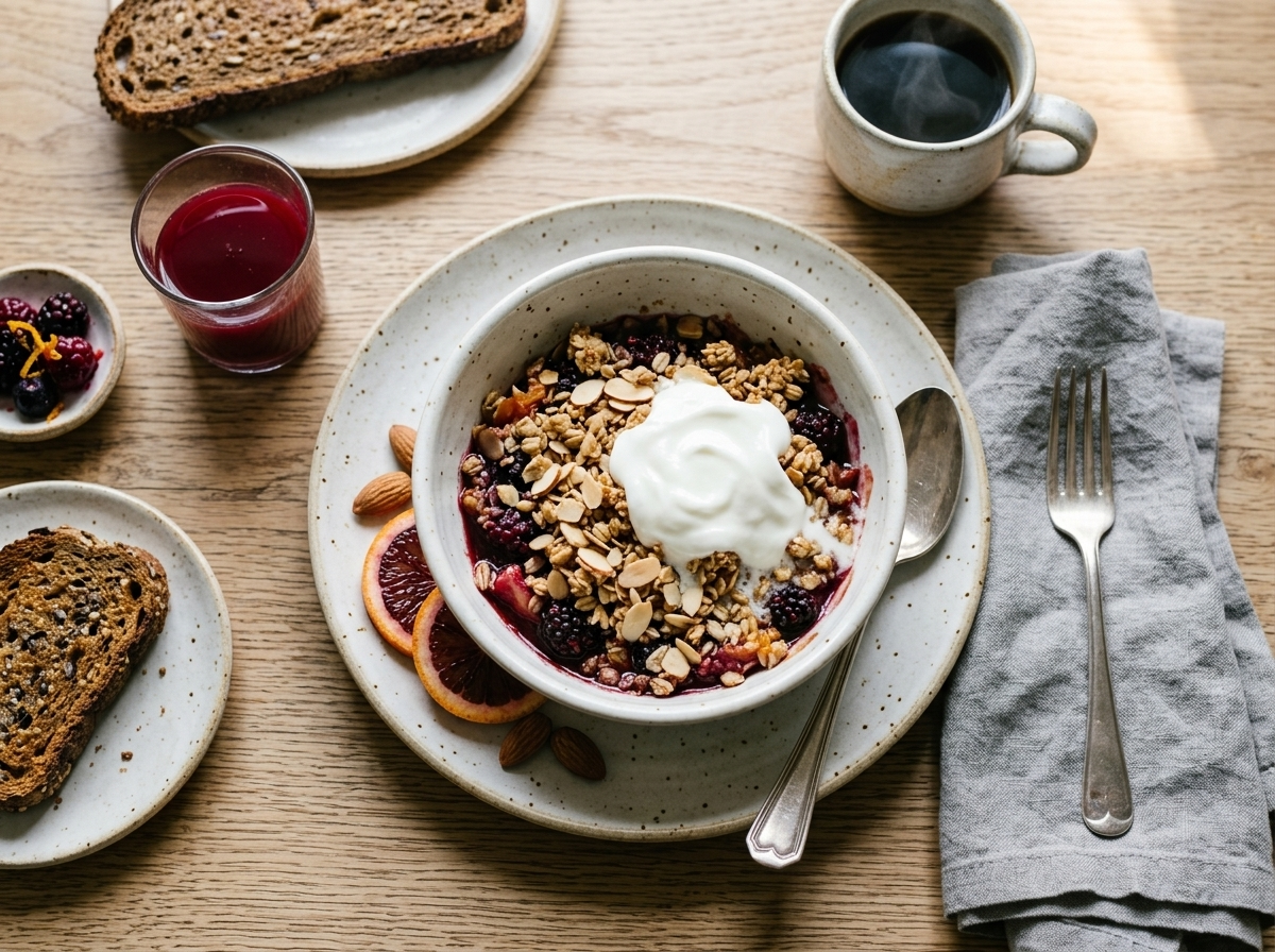 Bowl of almond citrus crumble with Greek yogurt, fresh orange slices, and coffee on a linen napkin