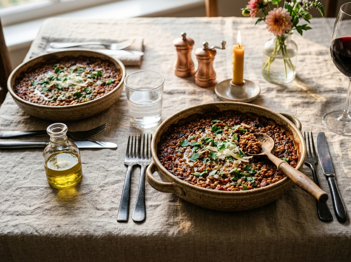 Two bowls of slow baked tomato barley with Parmesan and parsley on a linen cloth beside a glass of red wine