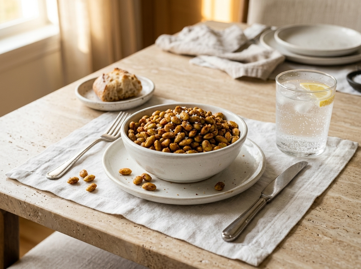 Small stoneware bowl of spiced roasted edamame beside a glass of sparkling water on a marble surface