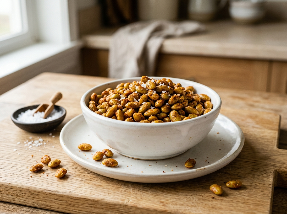 White ceramic bowl of crispy roasted edamame seasoned with smoked paprika and flaky salt on a wooden board