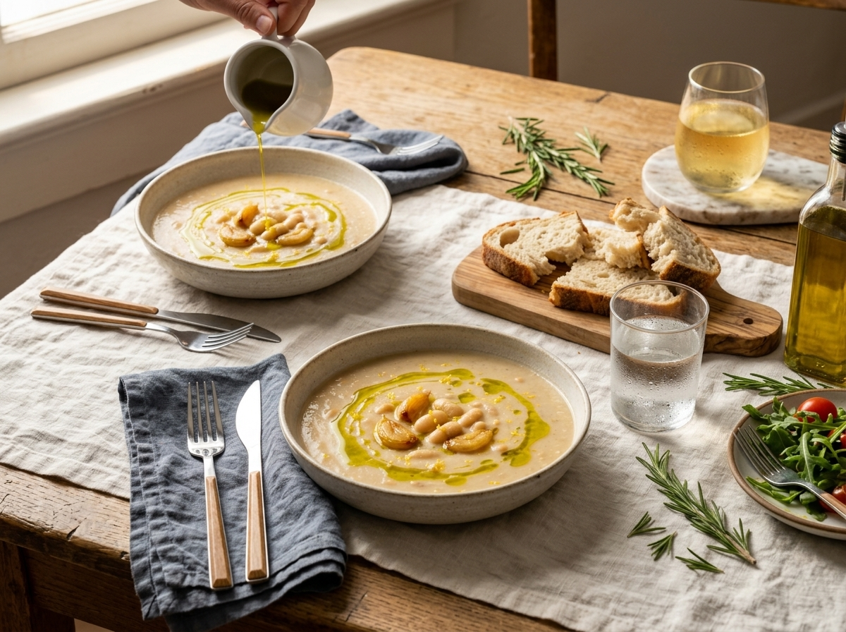 Two bowls of white bean garlic soup on a linen table with sourdough bread and lemon oil being poured over
