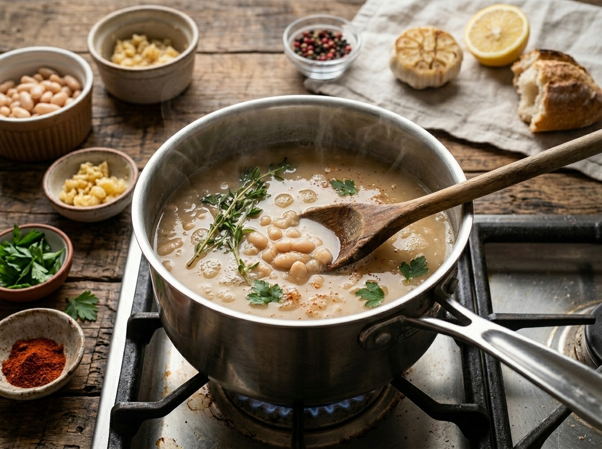 Creamy white bean broth with thyme sprigs simmering in a saucepan, wooden spoon stirring the golden broth
