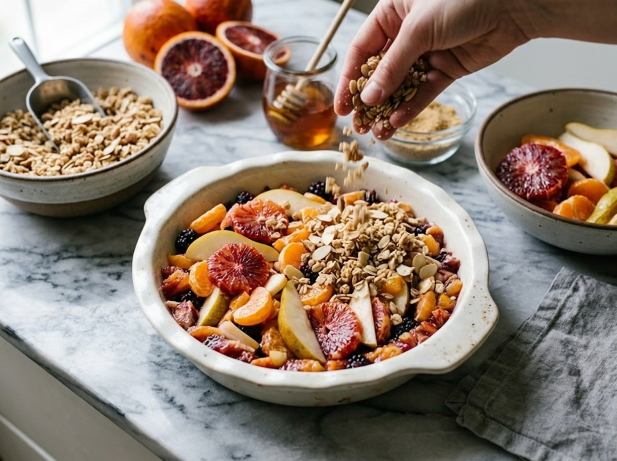 Hands spreading almond flour and oat crumble mixture over pear and orange segments in a baking dish