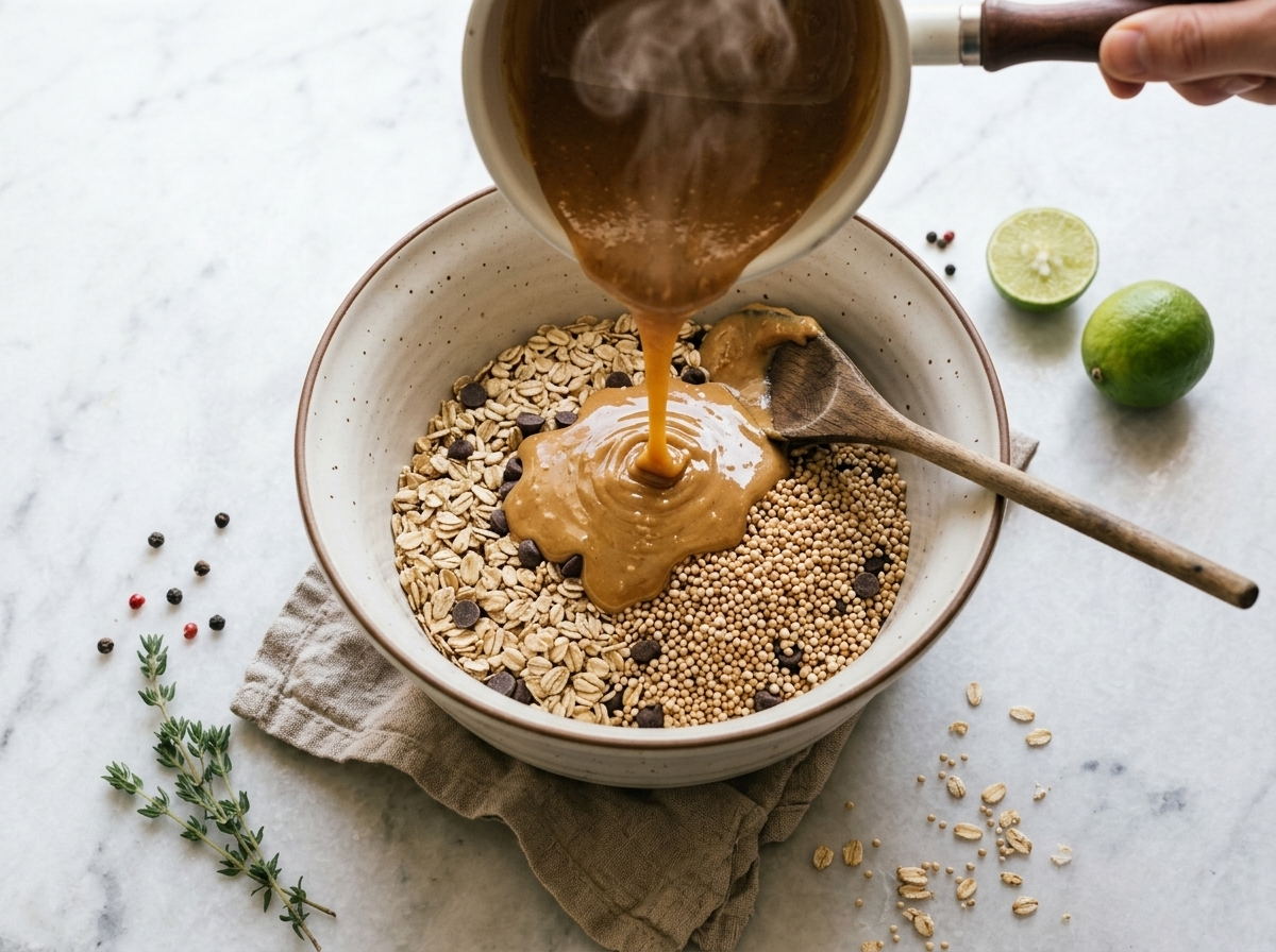 Warm peanut butter honey mixture pouring into a bowl of rolled oats and toasted quinoa for no-bake bars
