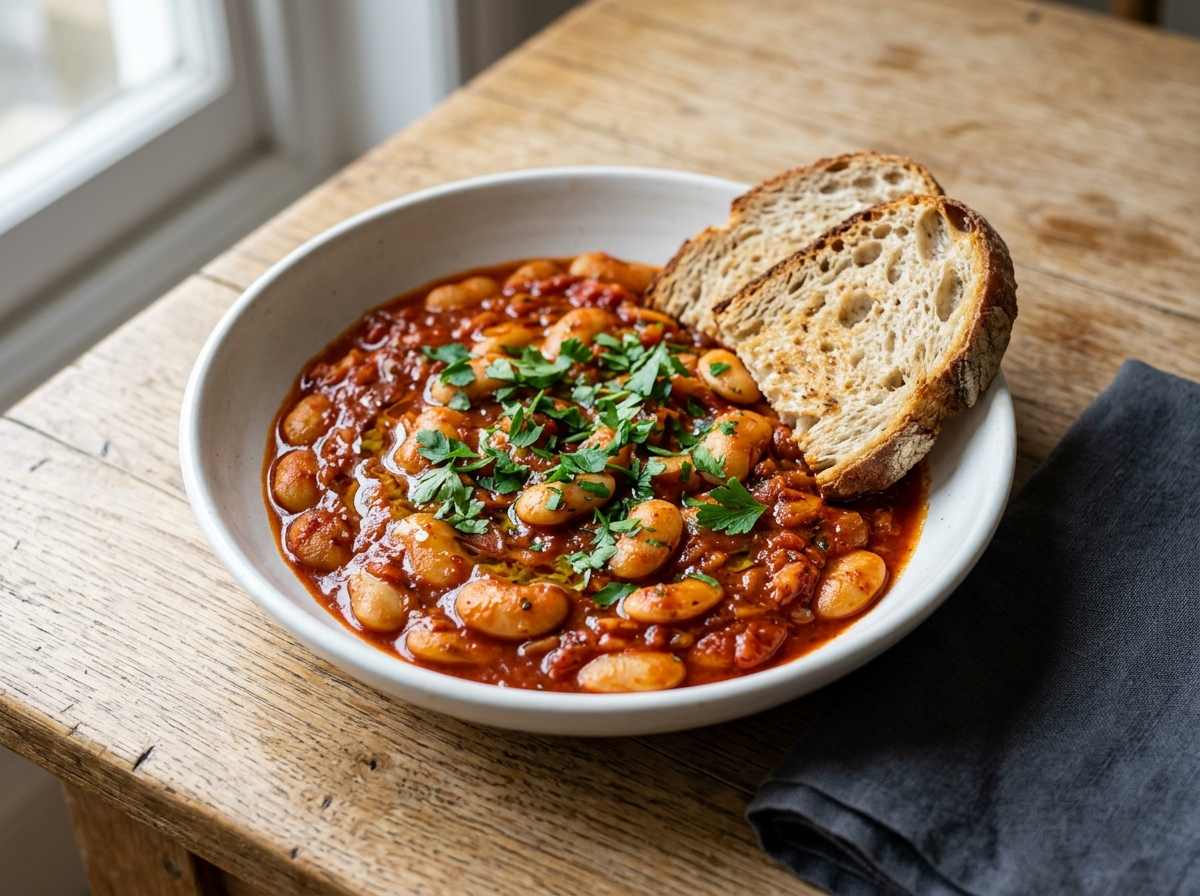 Smoky paprika butter beans in a glossy red tomato sauce served in a white bowl with sourdough bread and parsley