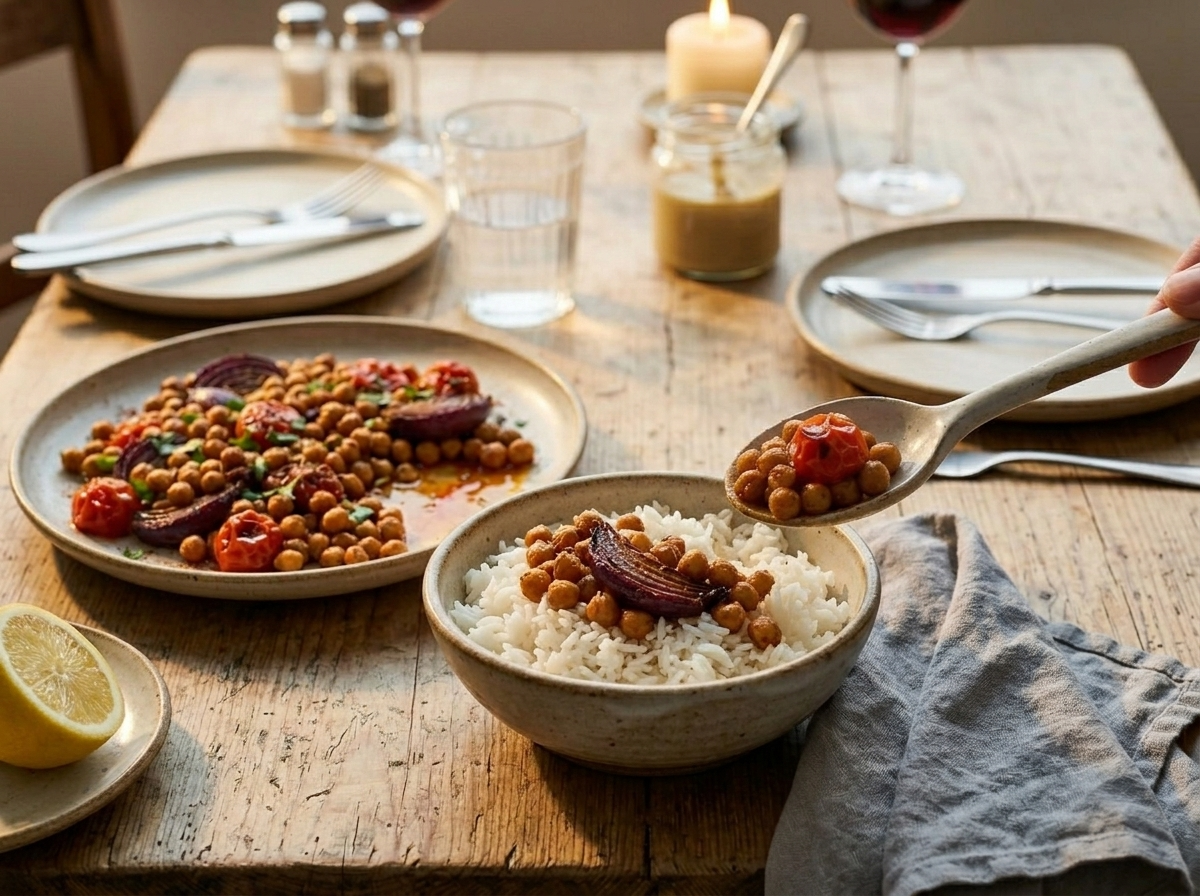 Hand spooning smoky roasted chickpea and onion traybake over a bowl of steamed rice on a wooden table