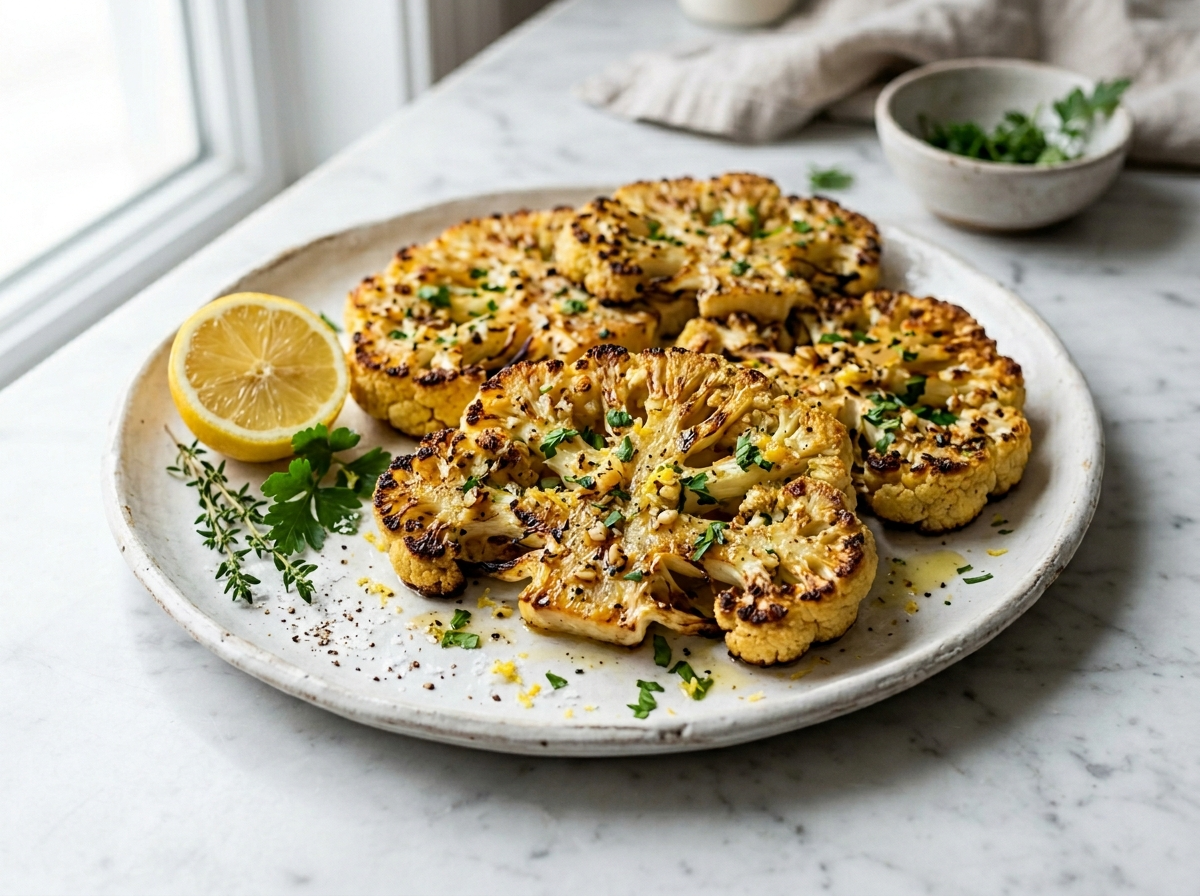 Four lemon roasted cauliflower steaks on a white platter with golden caramelized edges, fresh parsley, and lemon zest