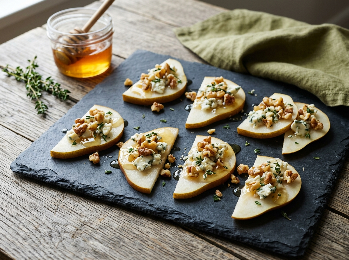 Pear and walnut bites with Gorgonzola and honey drizzle arranged on a dark slate board, garnished with thyme