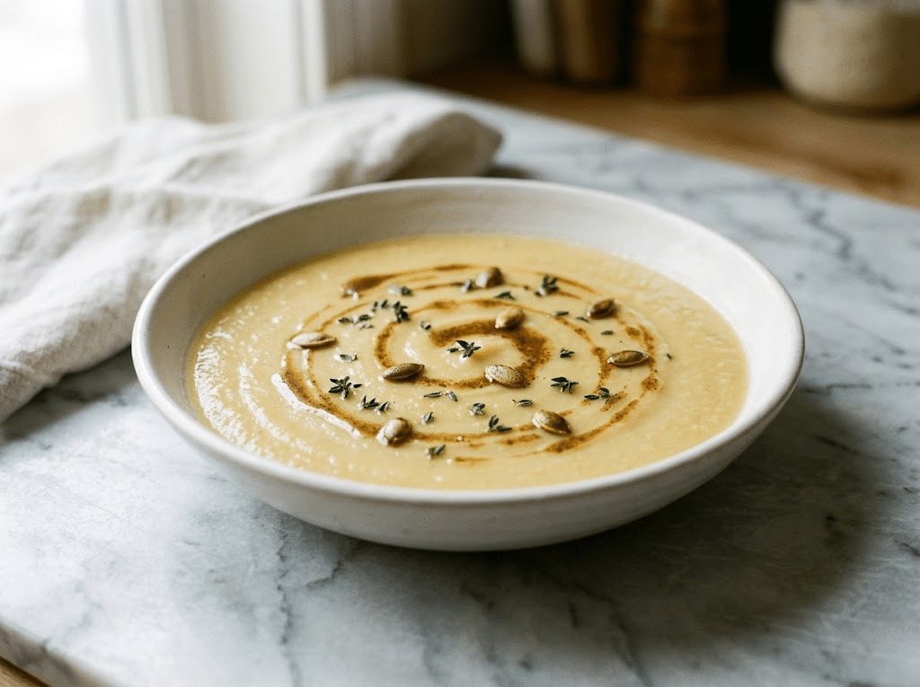 Bowl of pale golden parsnip pear velouté with brown butter drizzle, thyme leaves, and pumpkin seeds on marble