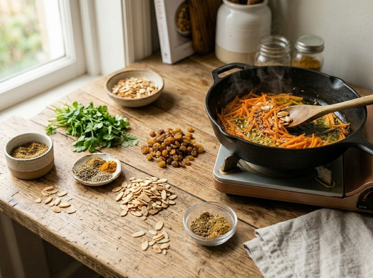 Shredded carrot and cumin seeds stirred in olive oil in a saucepan on the stovetop for pilaf base