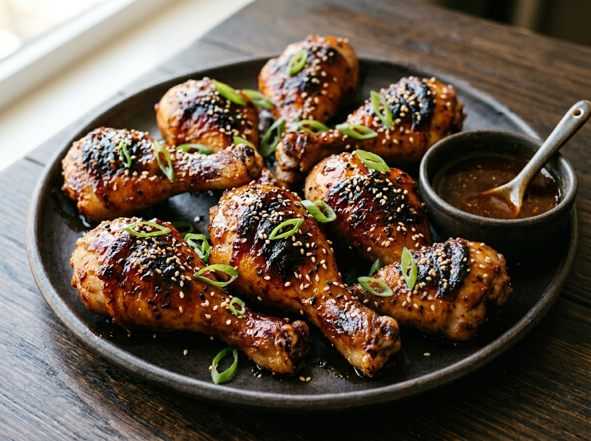 Eight honey miso chicken drumsticks with glossy caramelized glaze, sesame seeds, and green onions on a dark ceramic platter