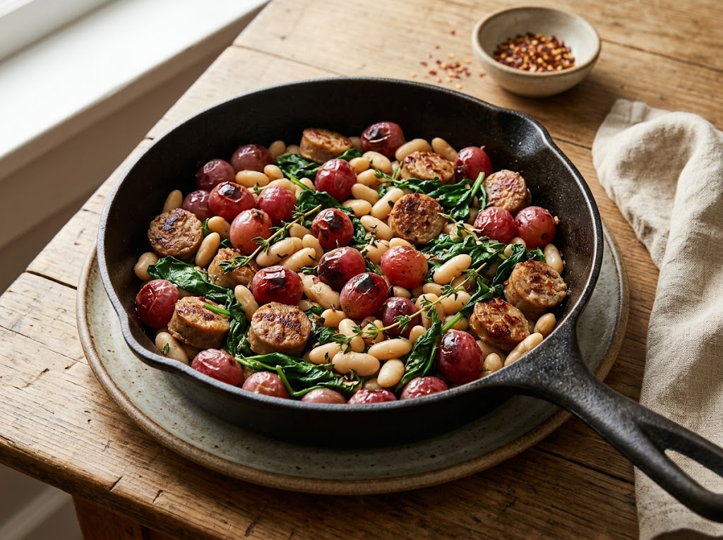 Cast iron skillet of roasted red grapes, browned sausage, cannellini beans, and wilted spinach with fresh thyme