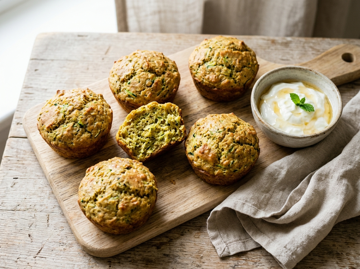 Six baked zucchini protein muffins on a wooden board, one broken open showing moist green-flecked crumb