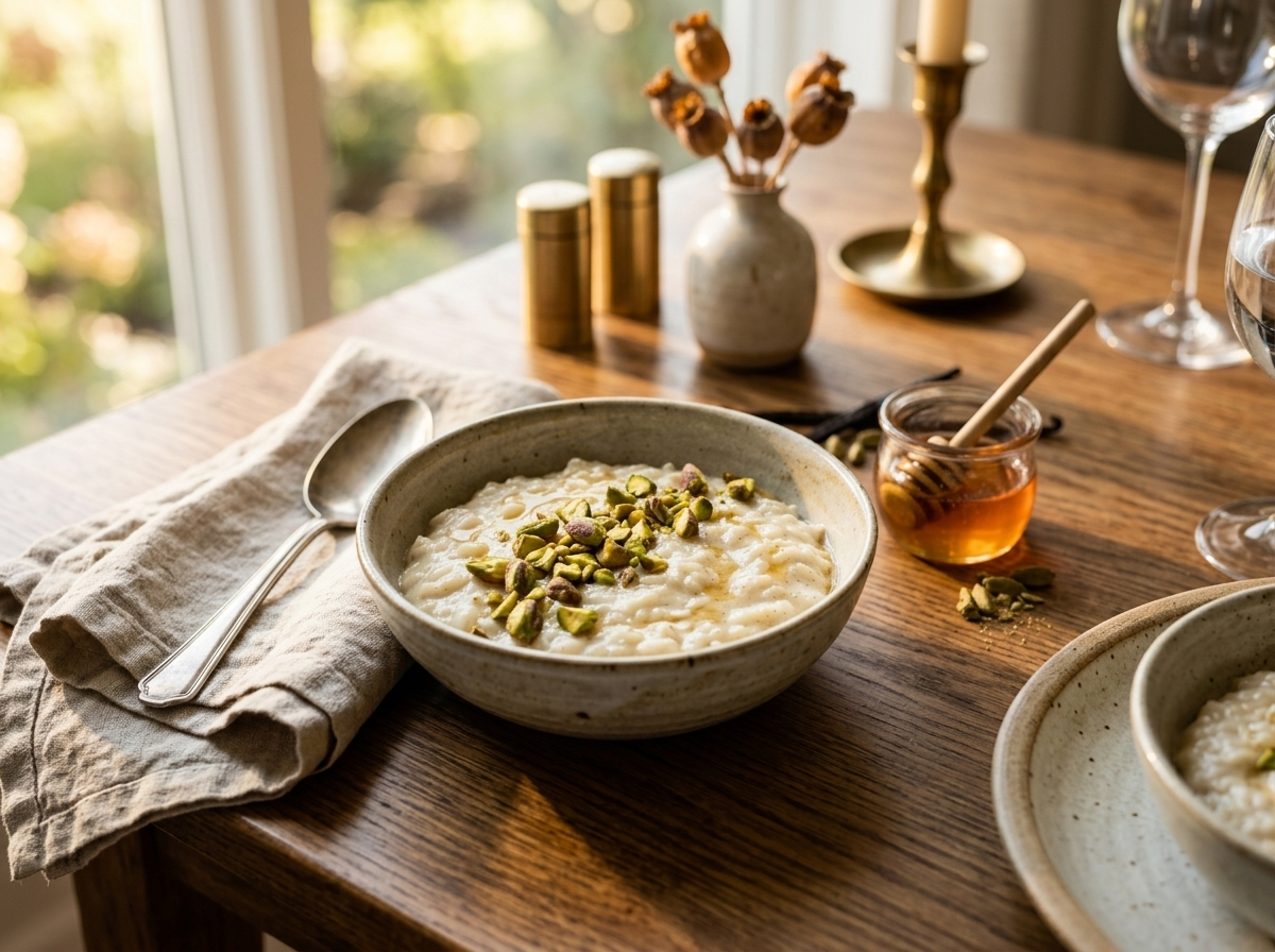 Single bowl of cardamom rice pudding with pistachios and honey drizzle on a wooden dining table