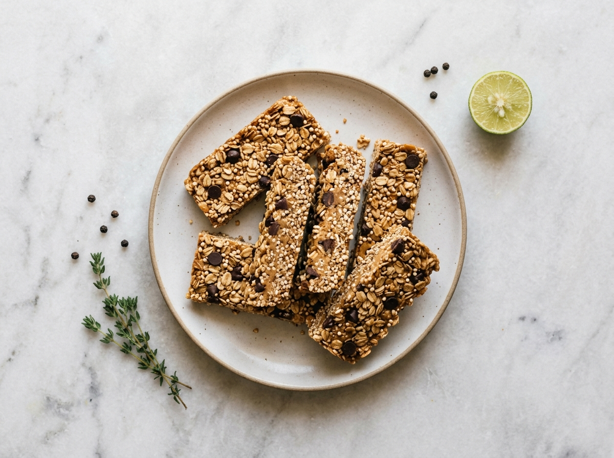 Stack of quinoa peanut butter bars on a wooden board showing oat and puffed quinoa texture with dark chocolate chips