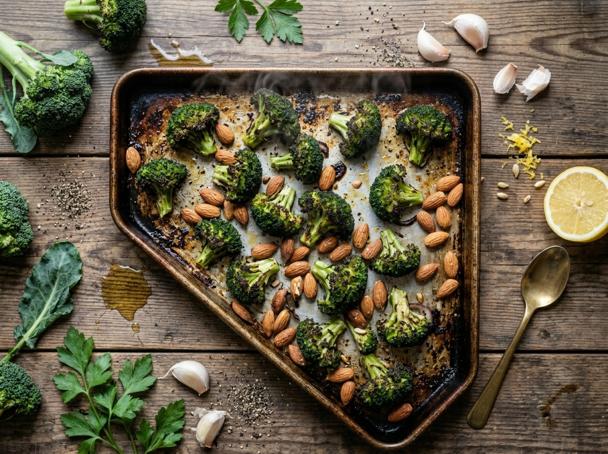 Sheet pan of roasted broccoli florets with deeply charred edges and toasted almonds fresh from the oven