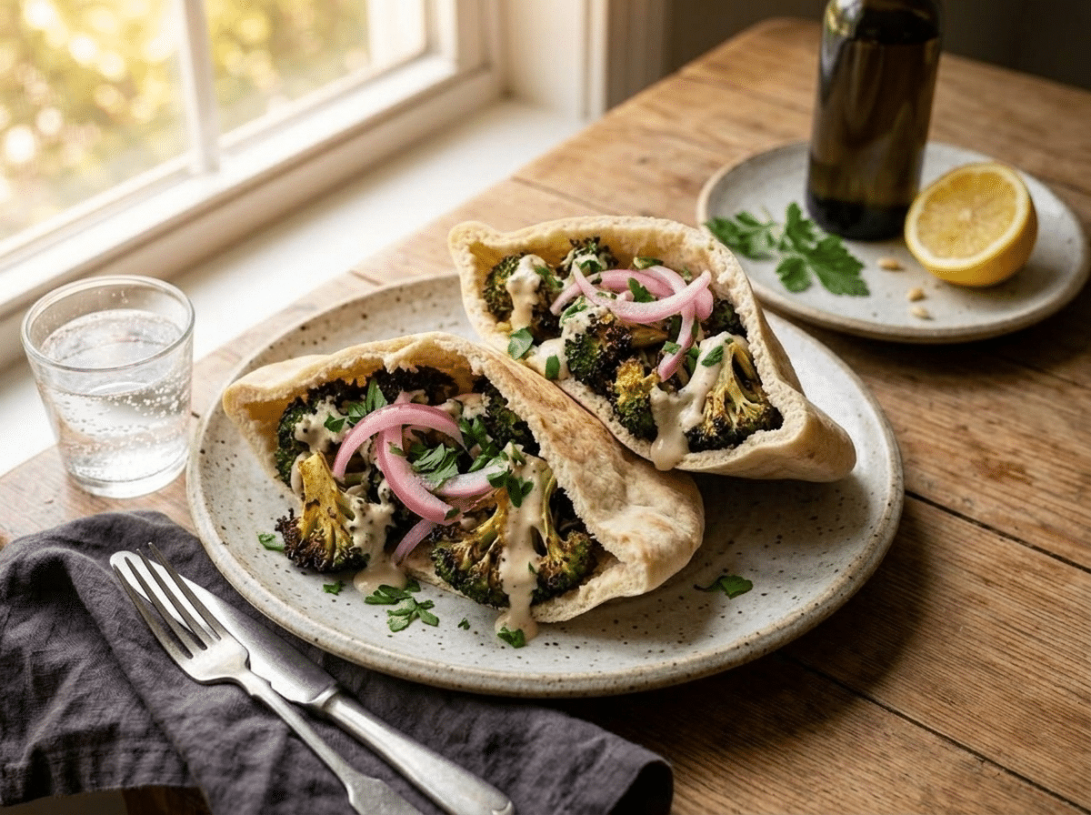 Stuffed broccoli tahini pita on a white plate with lemon and olive oil on a wooden table
