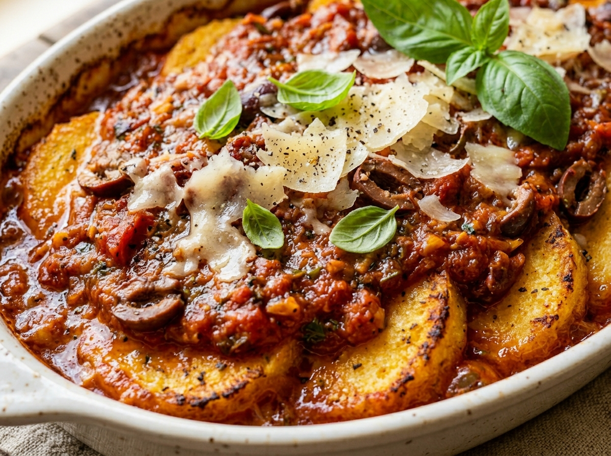 Baked polenta slices in a ceramic dish topped with chunky tomato sauce, kalamata olives, and fresh basil leaves