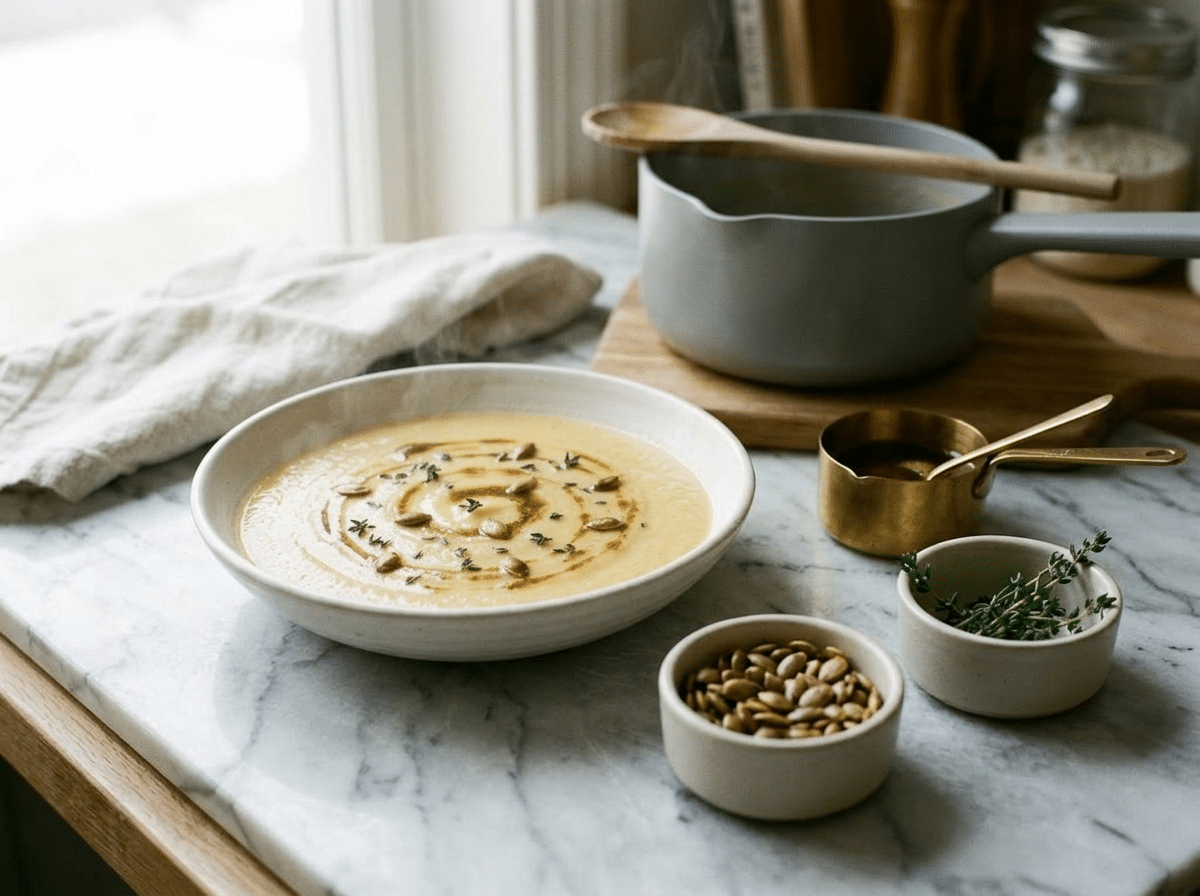 Golden parsnip pear soup being ladled from a saucepan with cream being stirred in, steam visible