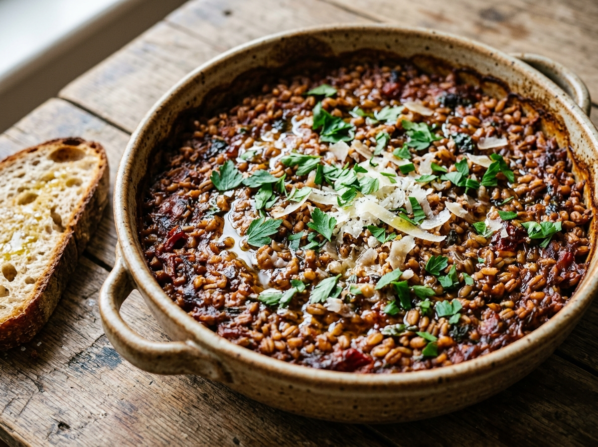 Slow baked tomato barley in a ceramic dish with caramelized edges, fresh parsley, and a drizzle of olive oil