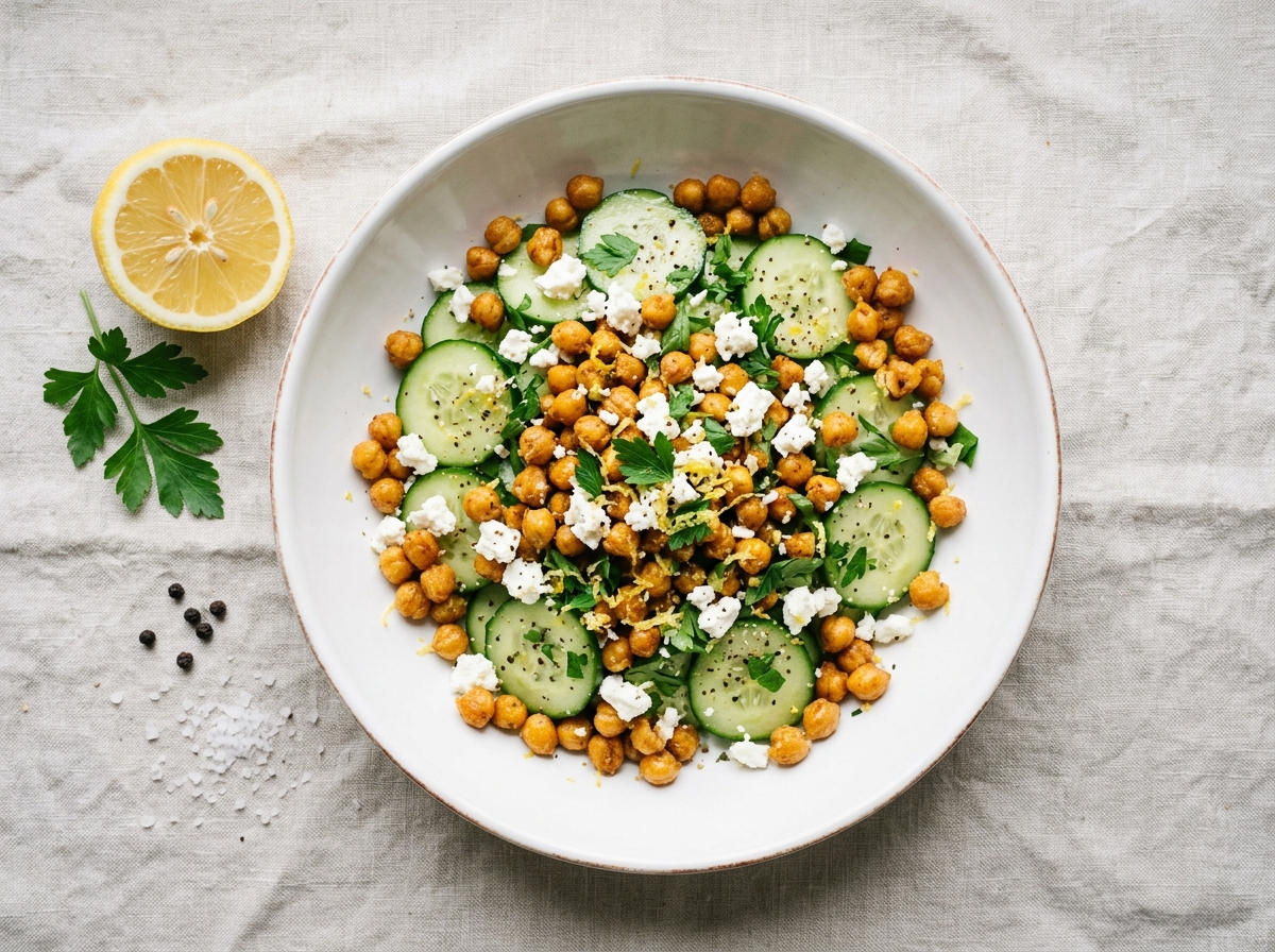 Lemony chickpea cucumber bowl with crispy chickpeas, sliced cucumber, feta, and parsley in a white bowl