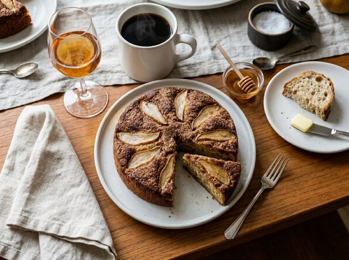 Slice of brown butter pear cake on a white plate with Greek yogurt, honey drizzle, and black coffee alongside