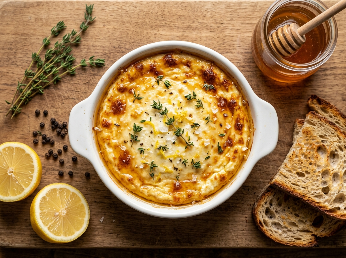Honey thyme baked ricotta in a white ceramic dish on a wooden board with sourdough bread and a honey jar