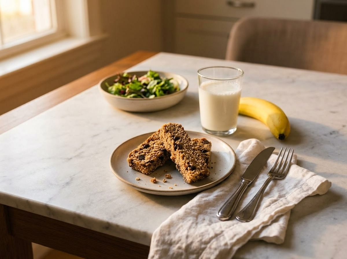 Two quinoa peanut butter bars on a ceramic plate served with cold milk and a banana on a marble surface