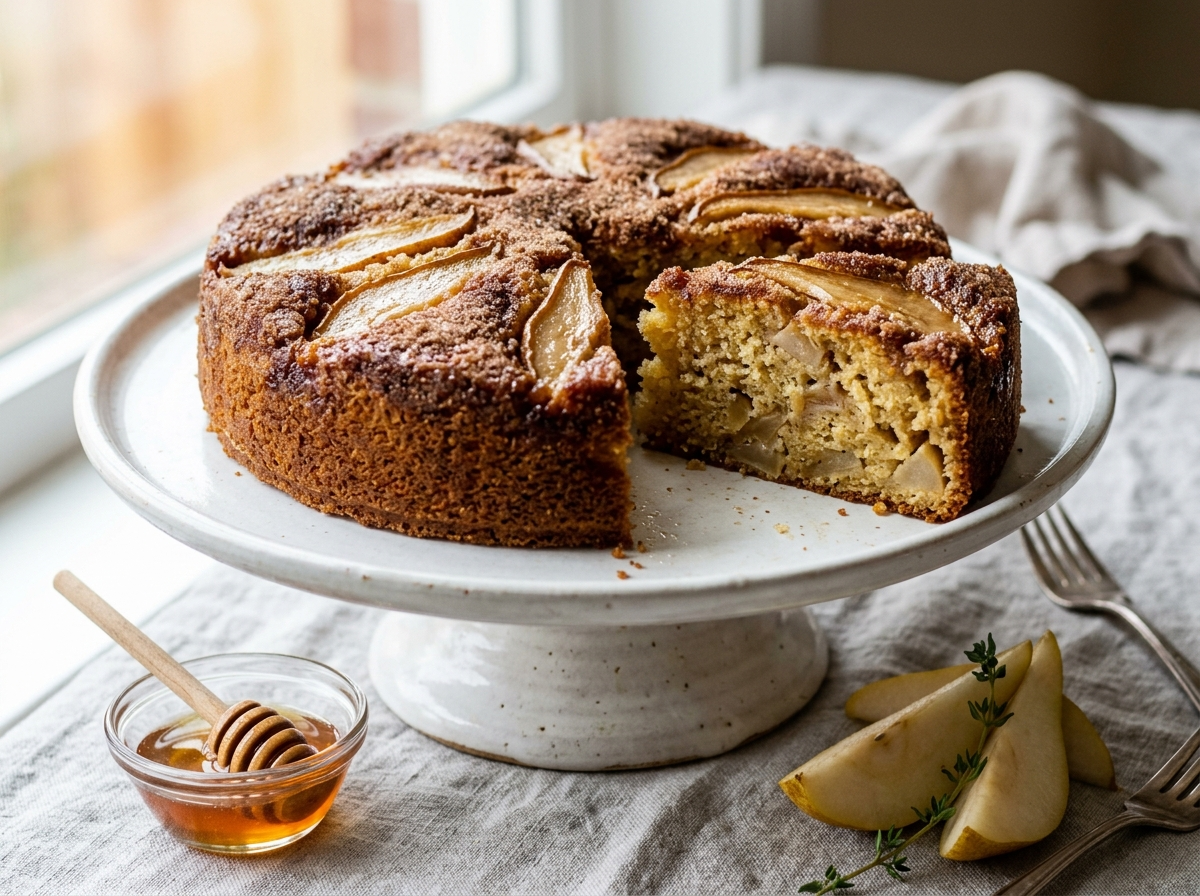 Brown butter pear breakfast cake on a white stand with one slice removed showing moist golden crumb and pear pieces