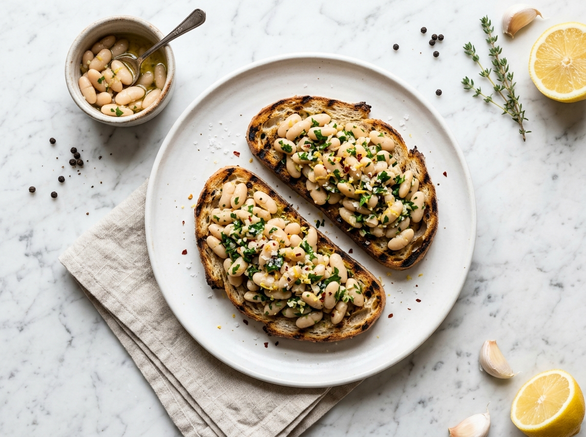 Two slices of herb marinated white bean toast on a white plate with parsley, lemon zest, and flaky salt on a marble surface