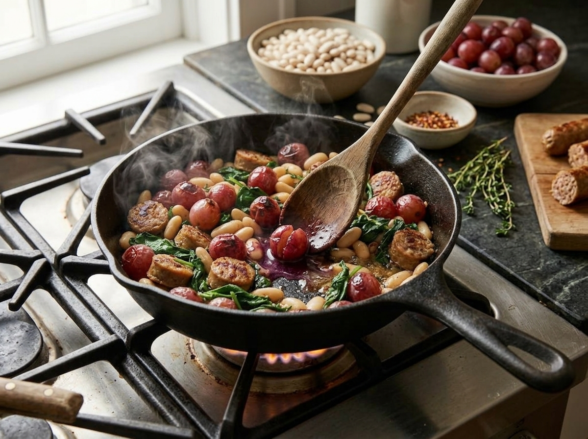 Blistering red grapes and sausage coins searing in a cast iron skillet with juice pooling around them