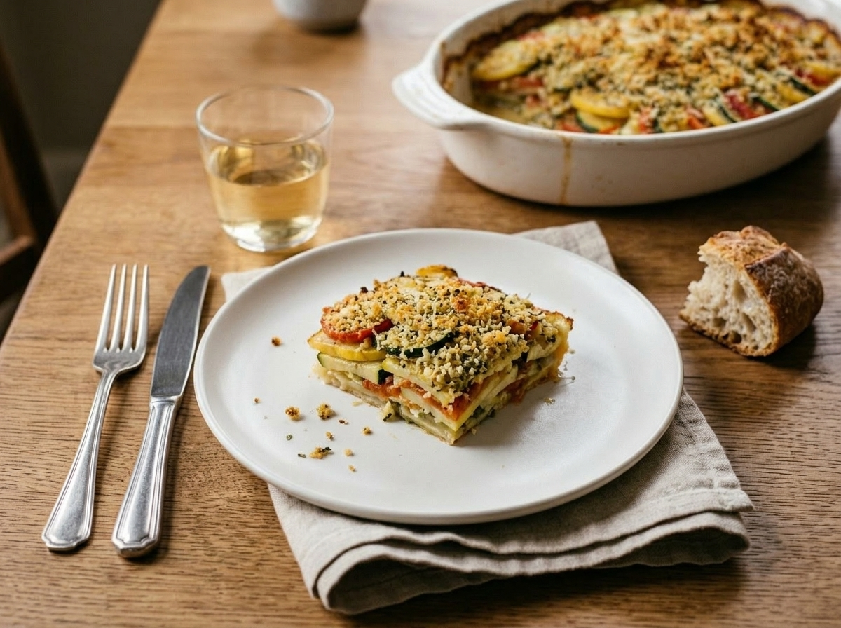 A plated square of herb crusted vegetable gratin showing crisp crust and soft vegetable layers beside a glass of white wine