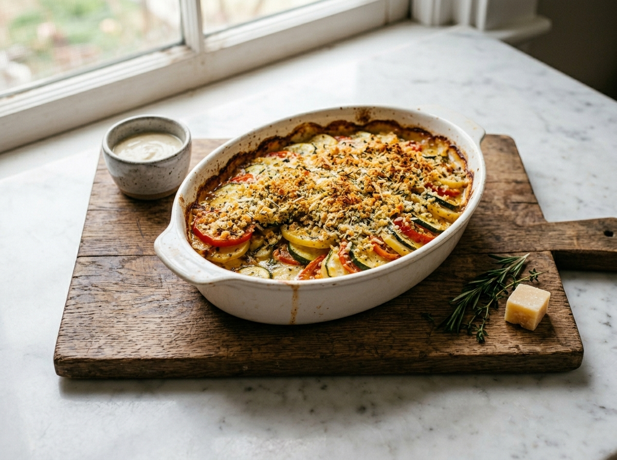 Herb crusted vegetable gratin in a white ceramic dish with golden rosemary-Parmesan breadcrumb topping on a wooden board