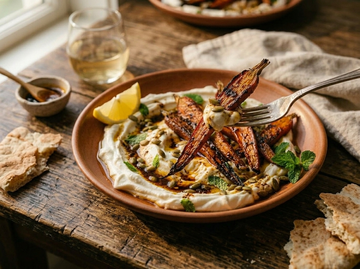 Smoky roasted carrot yogurt plate served on a wooden table with torn pita bread and a glass of white wine