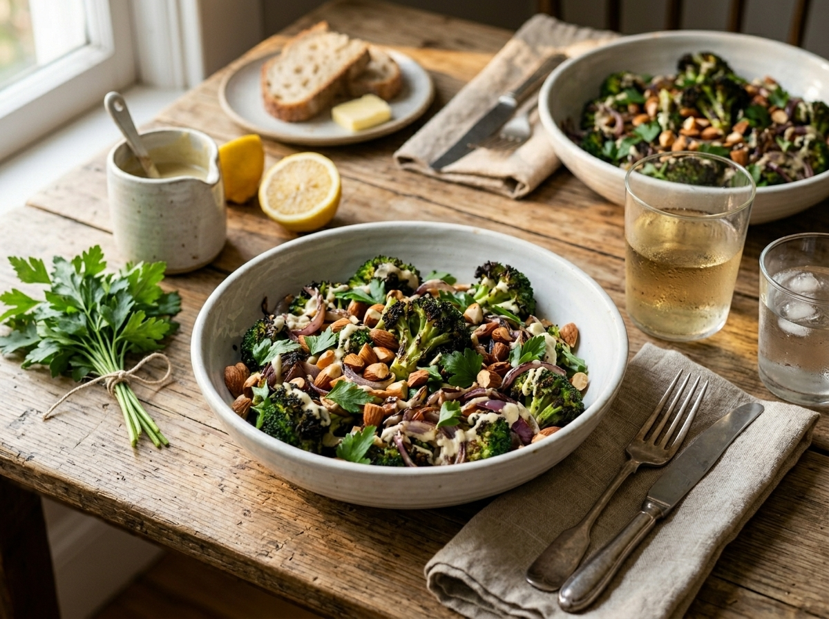 Two plates of charred broccoli almond salad served with lemon tahini dressing on a linen-covered dining table