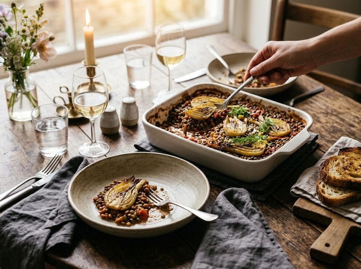 Spoonful of caramelized fennel lentil bake being served into a shallow bowl alongside sourdough bread