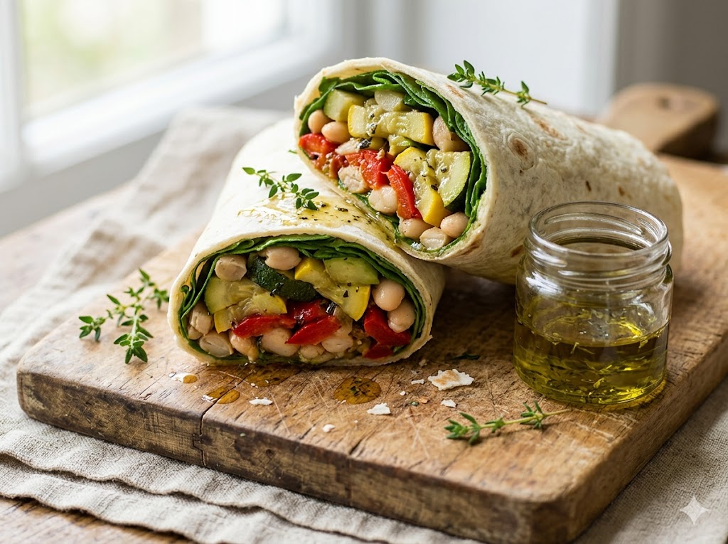 Olive oil poached veggie wraps sliced on a wooden board showing white bean and roasted pepper filling