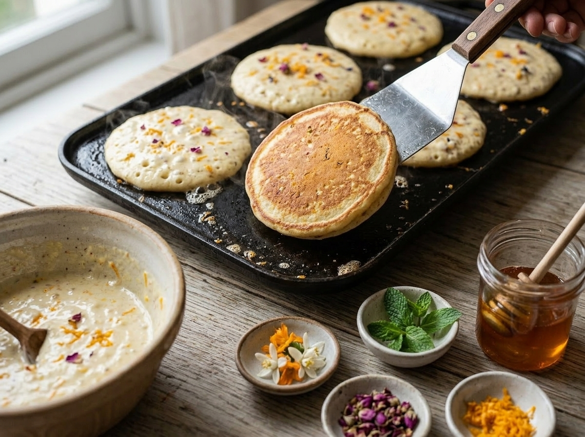 Pancake batter with orange zest cooking on a griddle, bubbles forming across the surface before flipping