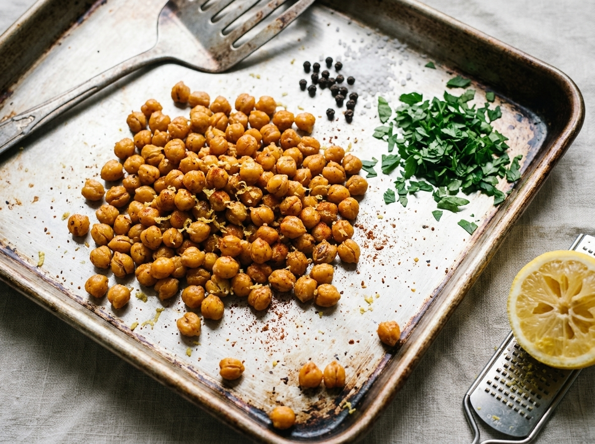 Golden crispy roasted chickpeas with smoked paprika on a sheet pan straight from the oven