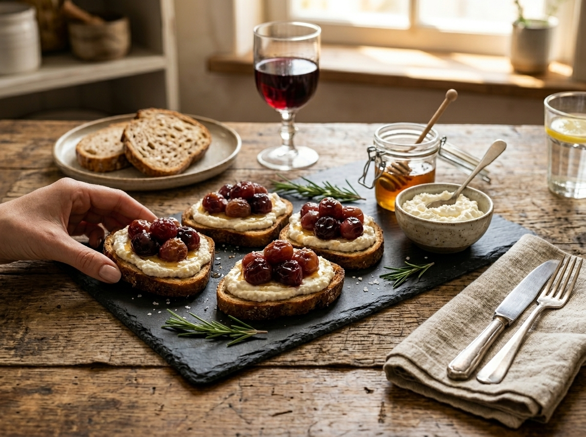 Hand reaching for a rosemary roasted grape ricotta toast on a slate board with honey jar and red wine alongside